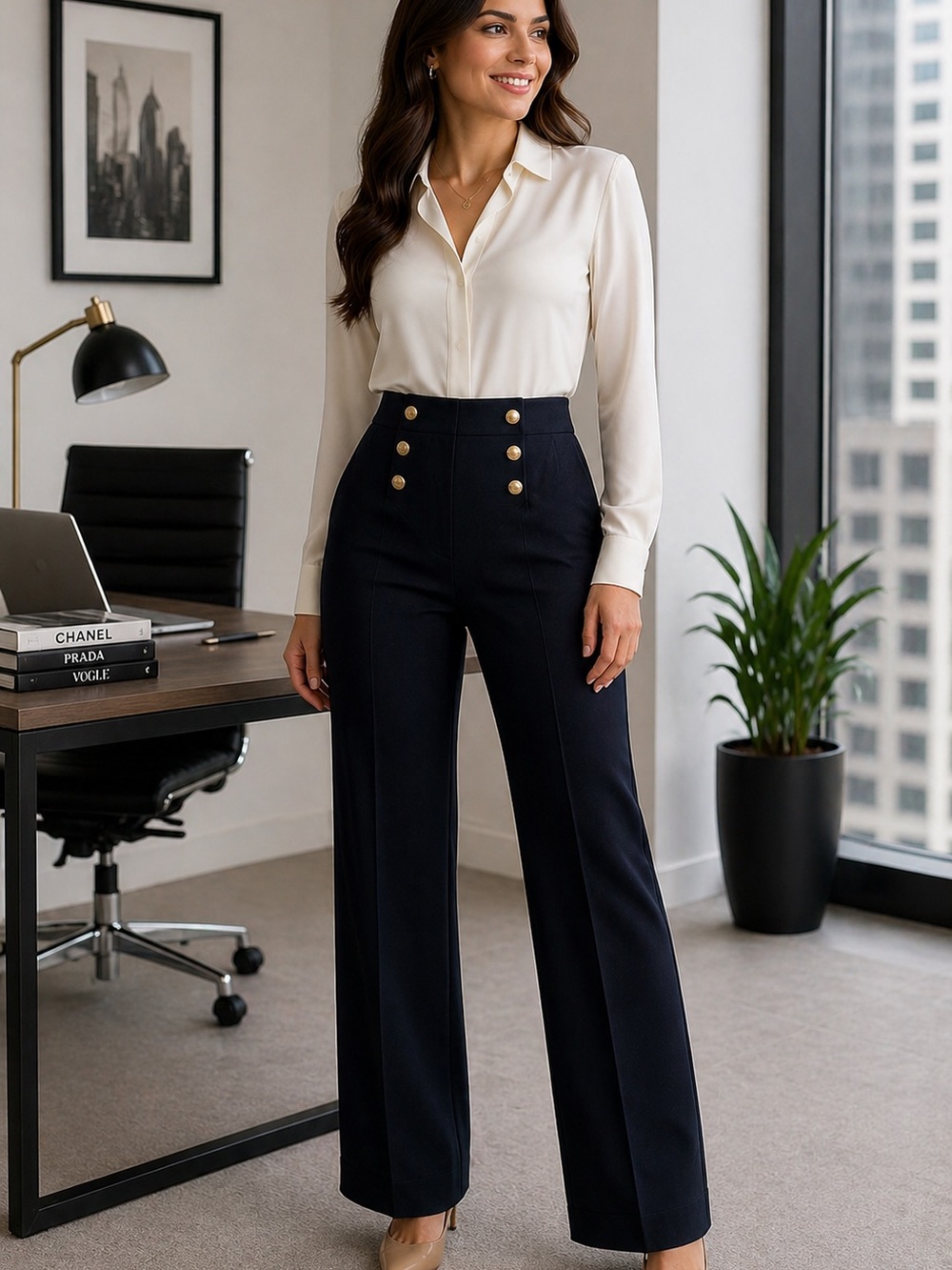 NWT Ryegrass Navy High Waist Button Detail Pants Size 12